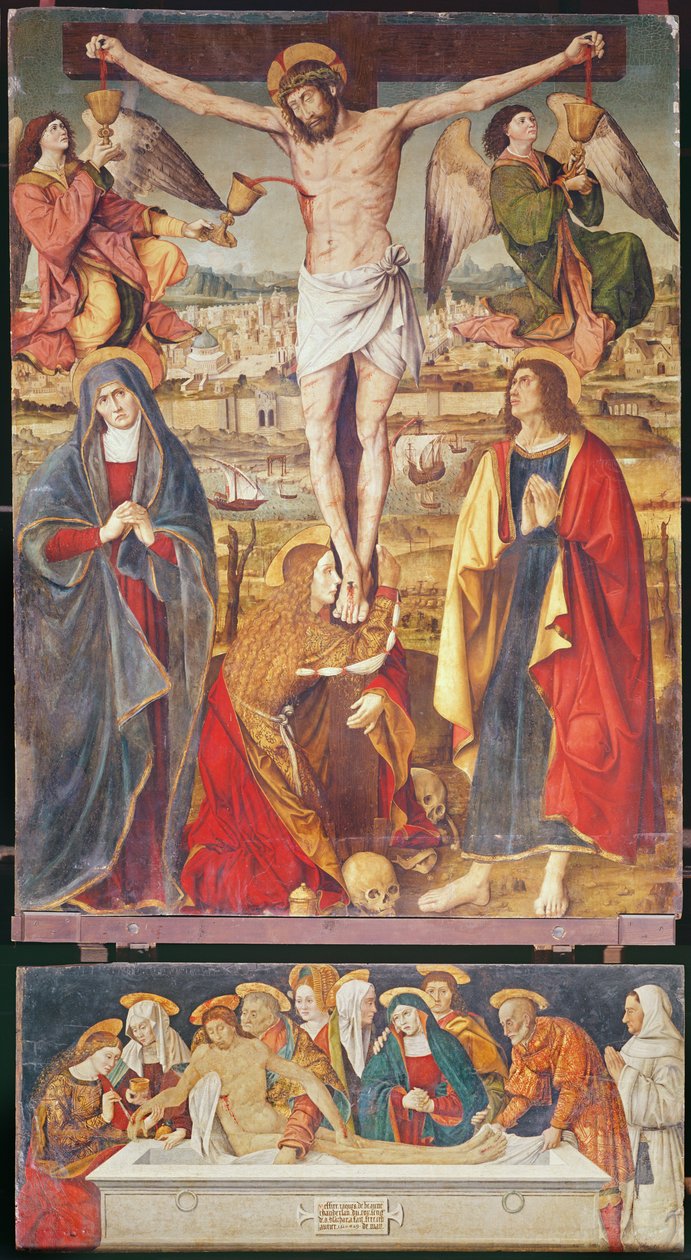 Crucifixion and Entombment, sentralpanel i Retable of the Passion, 1517-20 (tempera på panel) av Antonio Ronzen