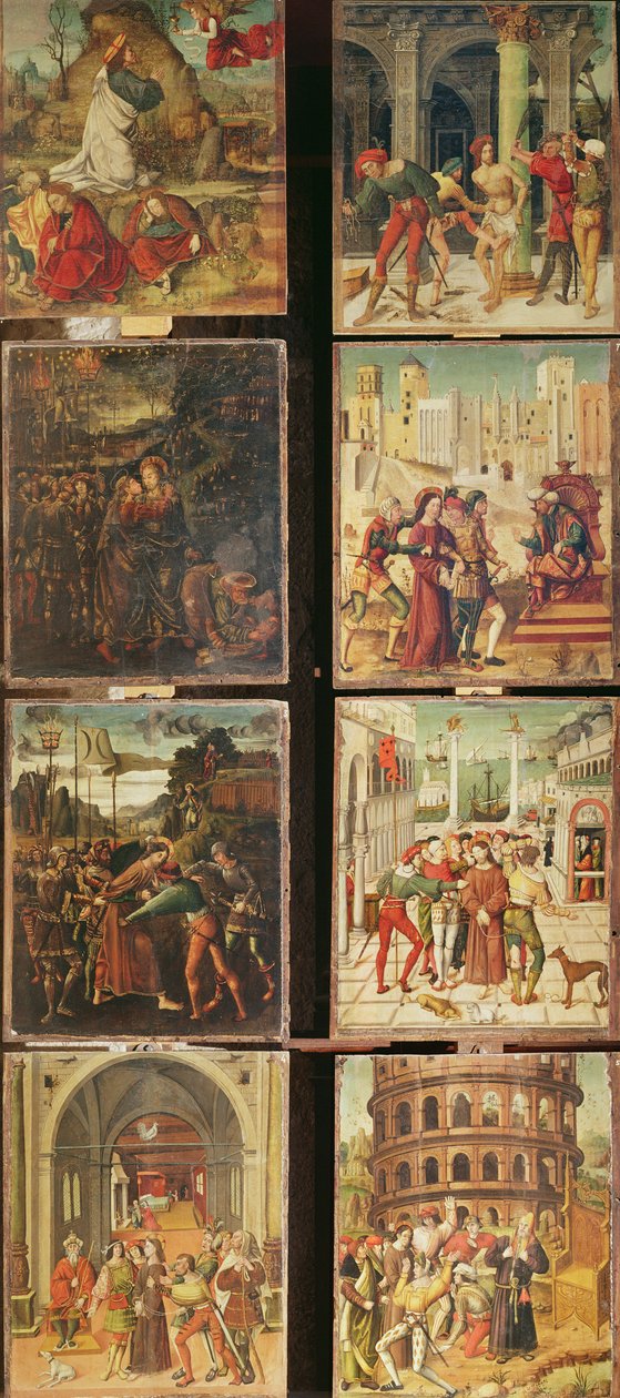 Venstre panel på Retable of the Passion, 1517-20 (tempera på panel) av Antonio Ronzen