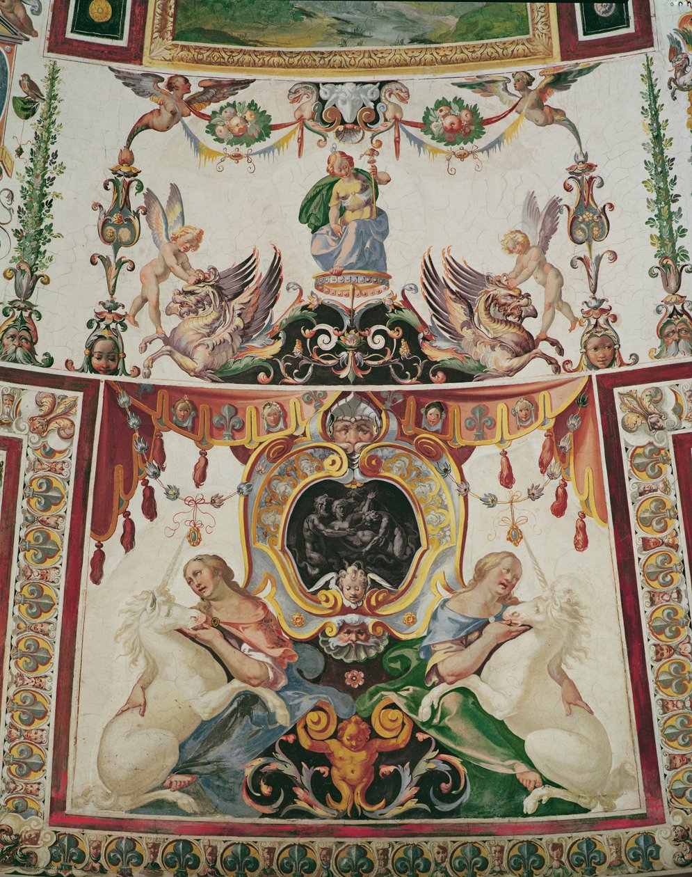 Detalj av dekorasjonen av Scala Regia som viser griffiner, enhjørninger og allegoriske figurer freskomaleri av Antonio Tempesta