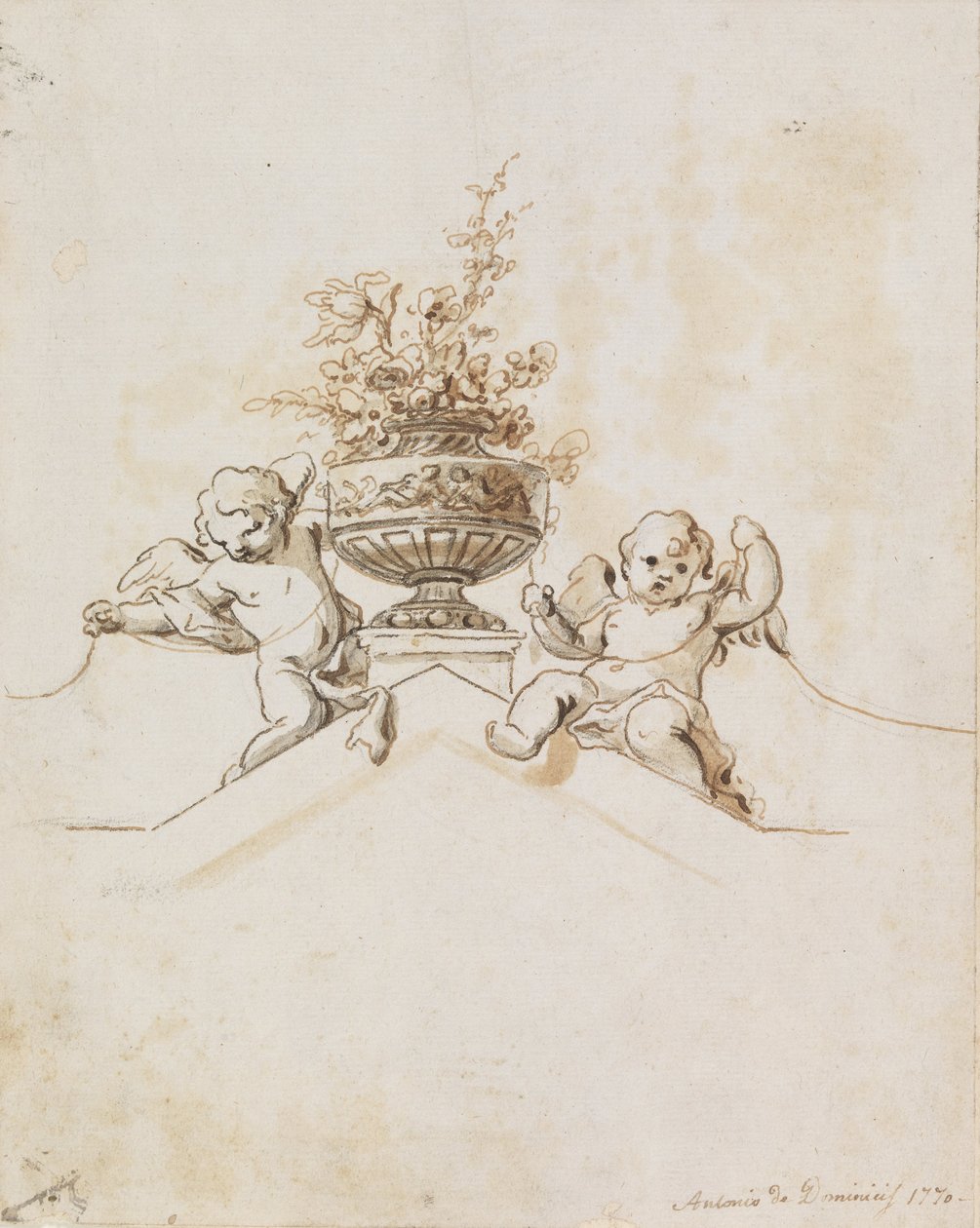 Studer for en malt veggdekorasjon- to putti ved siden av en vase med blomster av Antonio di Dominici