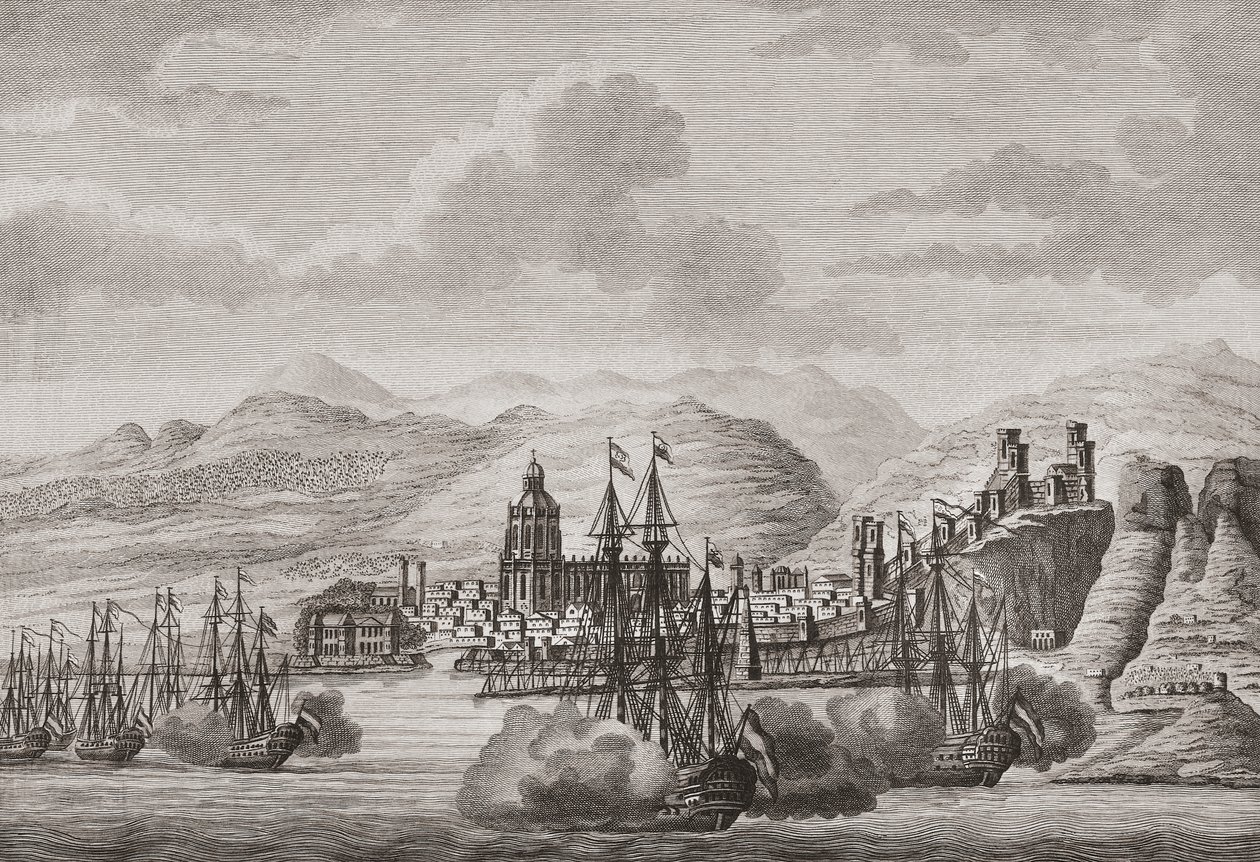 Den nederlandske flåten utenfor Malaga, Spania 1784 skyter salutt. (skrive ut) av Antonio (after) Suntach