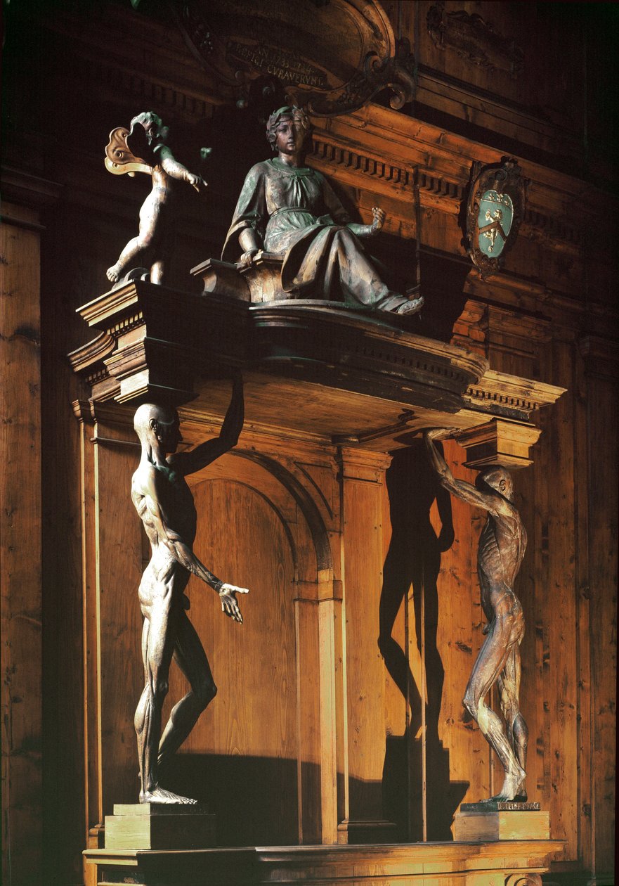 Statuer av to nakne og hudløse menn, kjent som gli spellati (de flådde), anatomisk teater av Antonio (d.1663) Paolucci