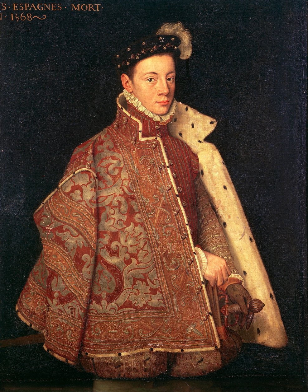 Portrett av Don Carlos, prinsen av Asturias (olje på lerret) av Antonio (studio of) (attr. to) Moro