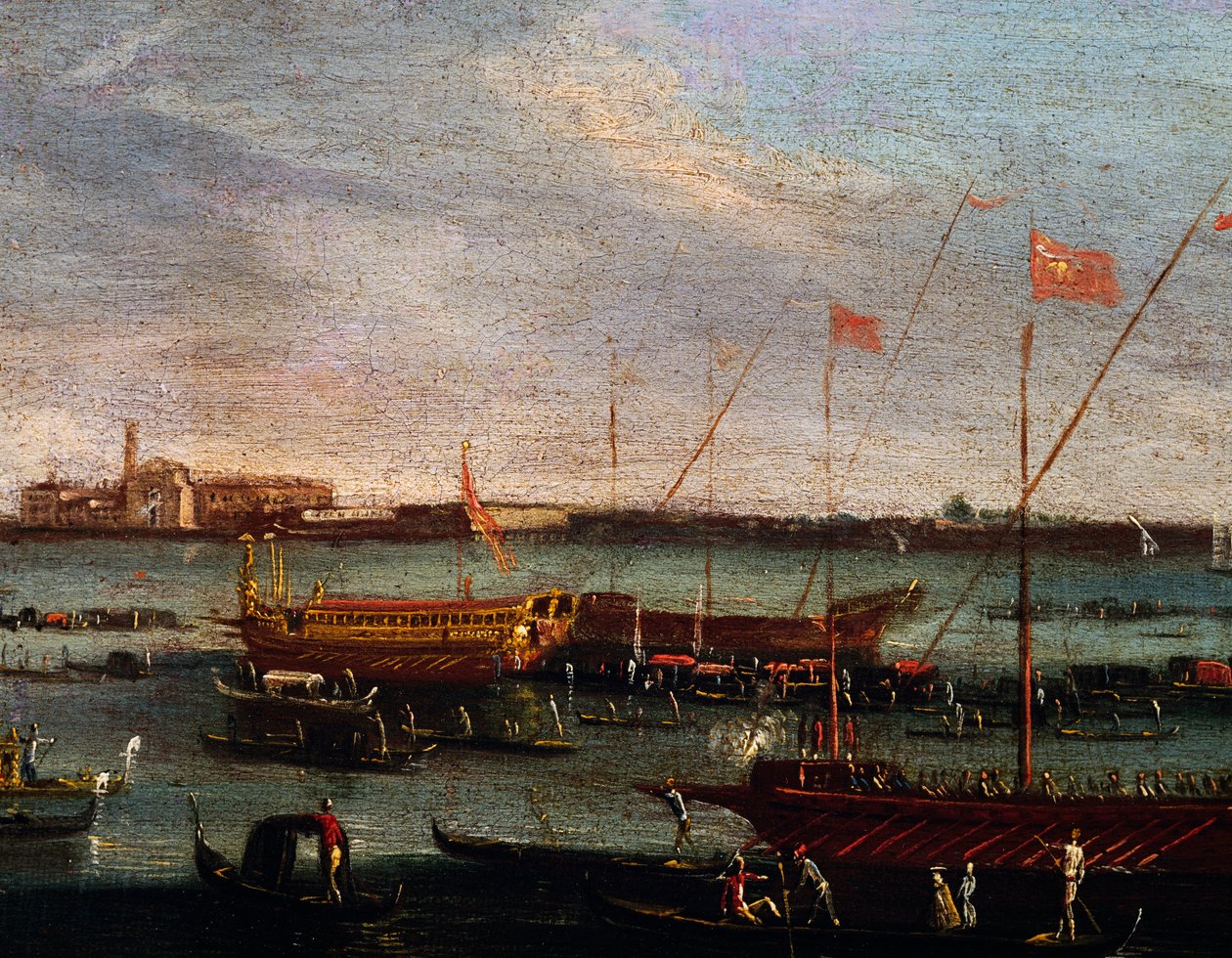 Bucentaur (statlig bysse for dogene i Venezia) ved Lido i Venezia, olje på lerret, School of Canaletto, Italia av Antonio (studio of) Canaletto