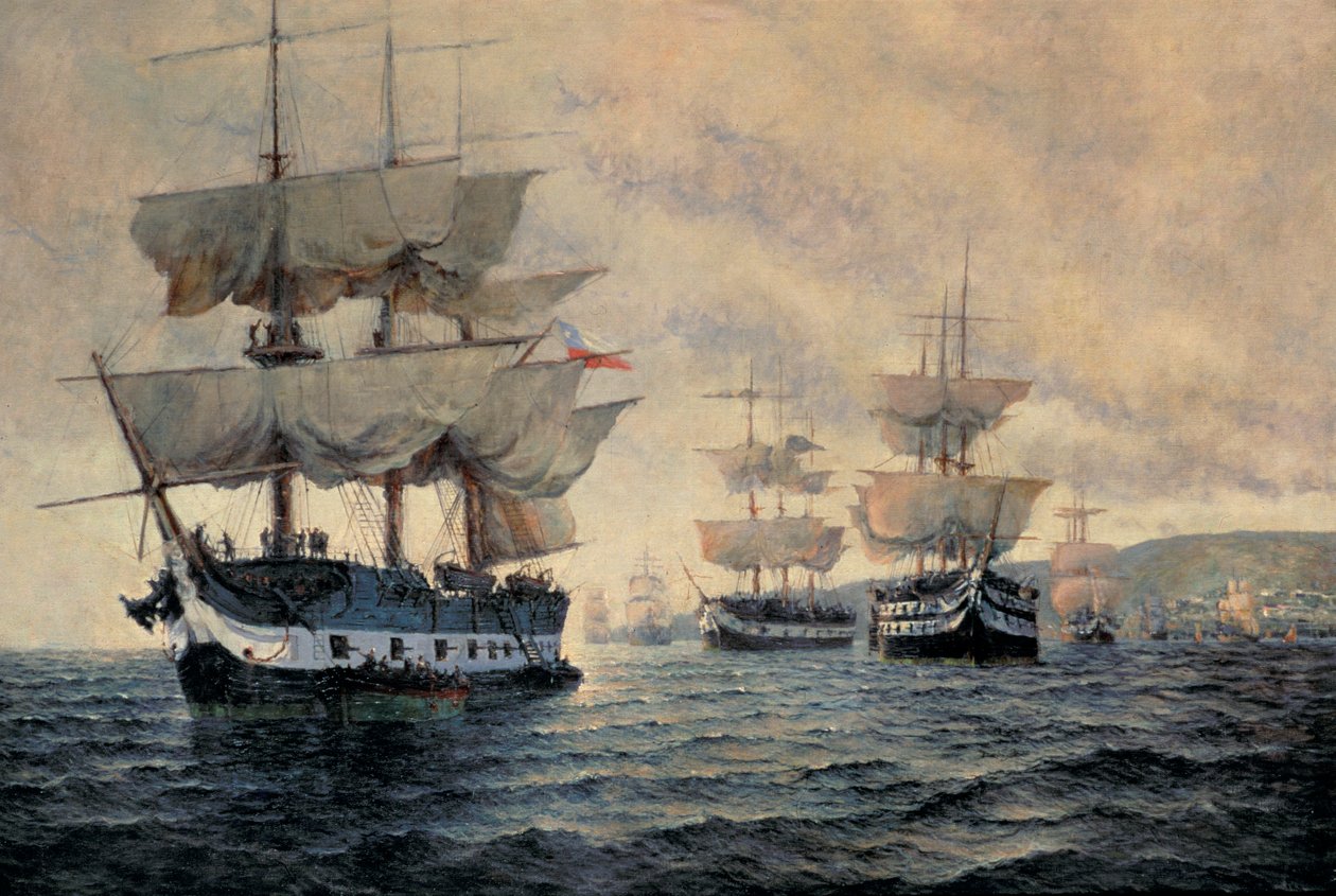 Ombordstigningen av den frigjørende ekspedisjonen av Peru 20. august 1820, under kommando av generalkaptein Jose de San Martin (1778-1850) (olje på lerret) av Antonio A. Abel