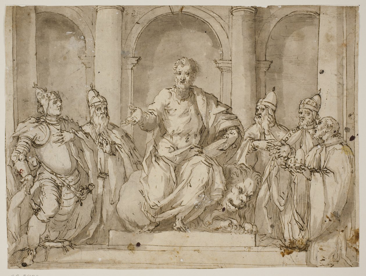 St Mark tronet omgitt av fire doger og en mann med en dogehette i hendene av Antonio Aliense