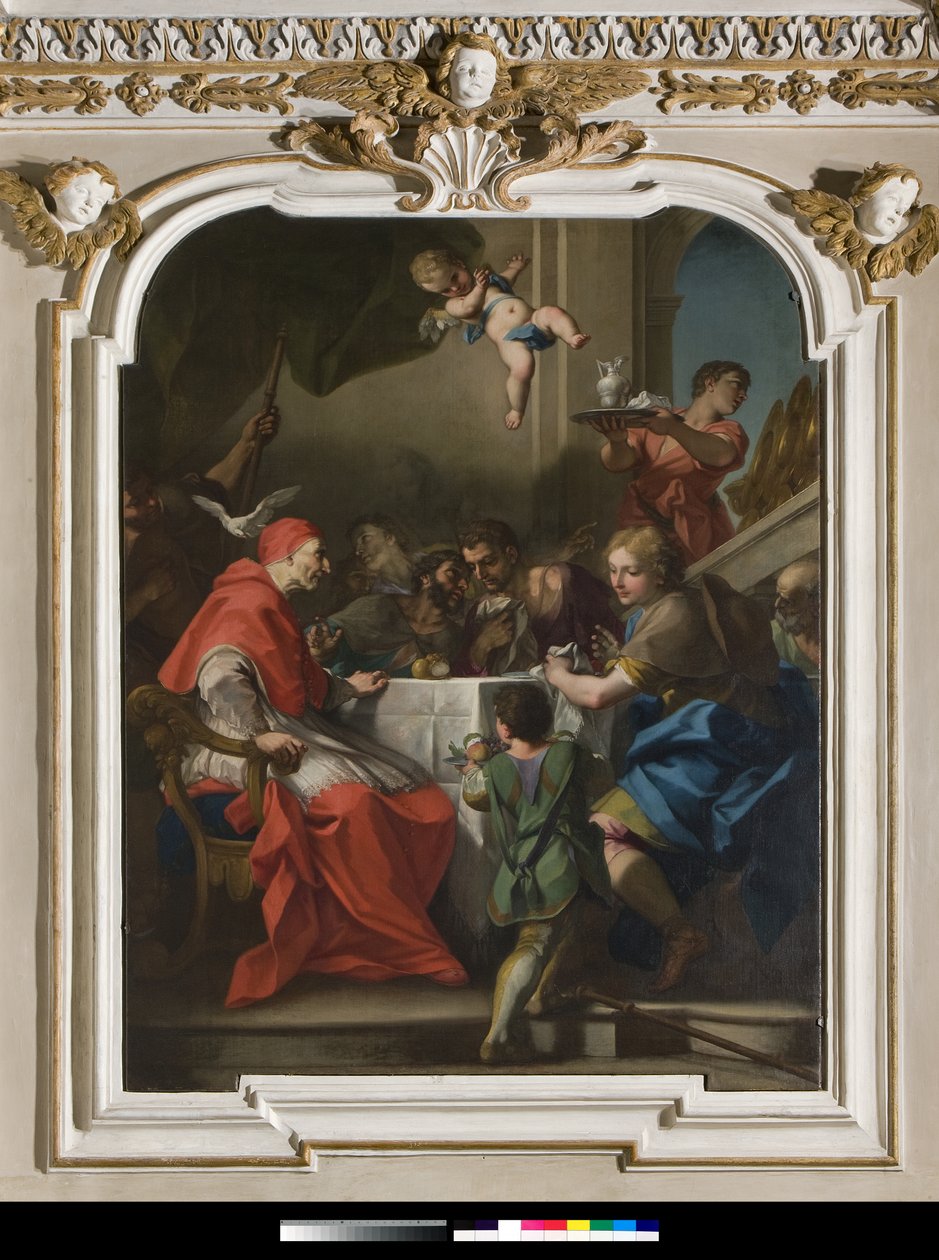 "" Den hellige Gregoire den store ved et bord med Jesus forkledning i pelerin"" Nær paven, Den Hellige Ånds due (Hellige Ånd) 1729-1731 (maleri) av Antonio Balestra