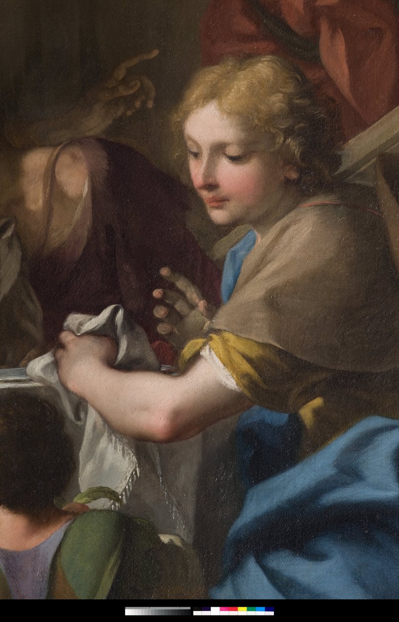 "Sankt Gregor den store ved et bord med Jesus forkledning i pelerin" (detalj) 1729-1731 (maleri) av Antonio Balestra