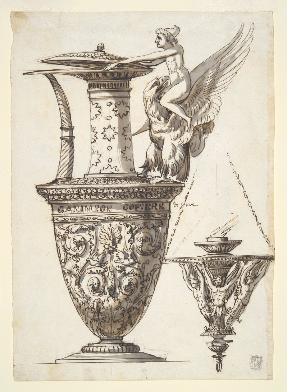 Design for en forseggjort kanne og lysekrone av Antonio Basoli