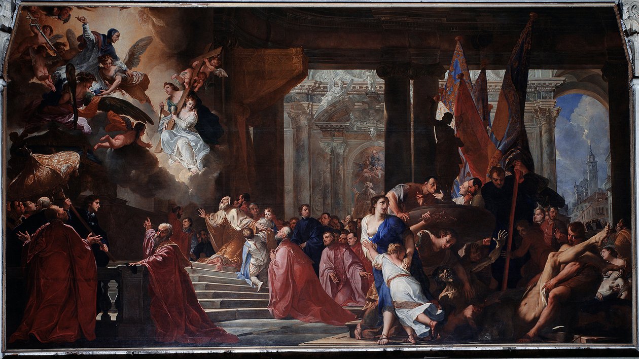 Doge Nicolo Contarinis løfte til den salige Lorenzo Giustiniani om at han må gå i forbønn for befrielsen av Venezia fra pesten i 1630 (maleri av Antonio Bellucci