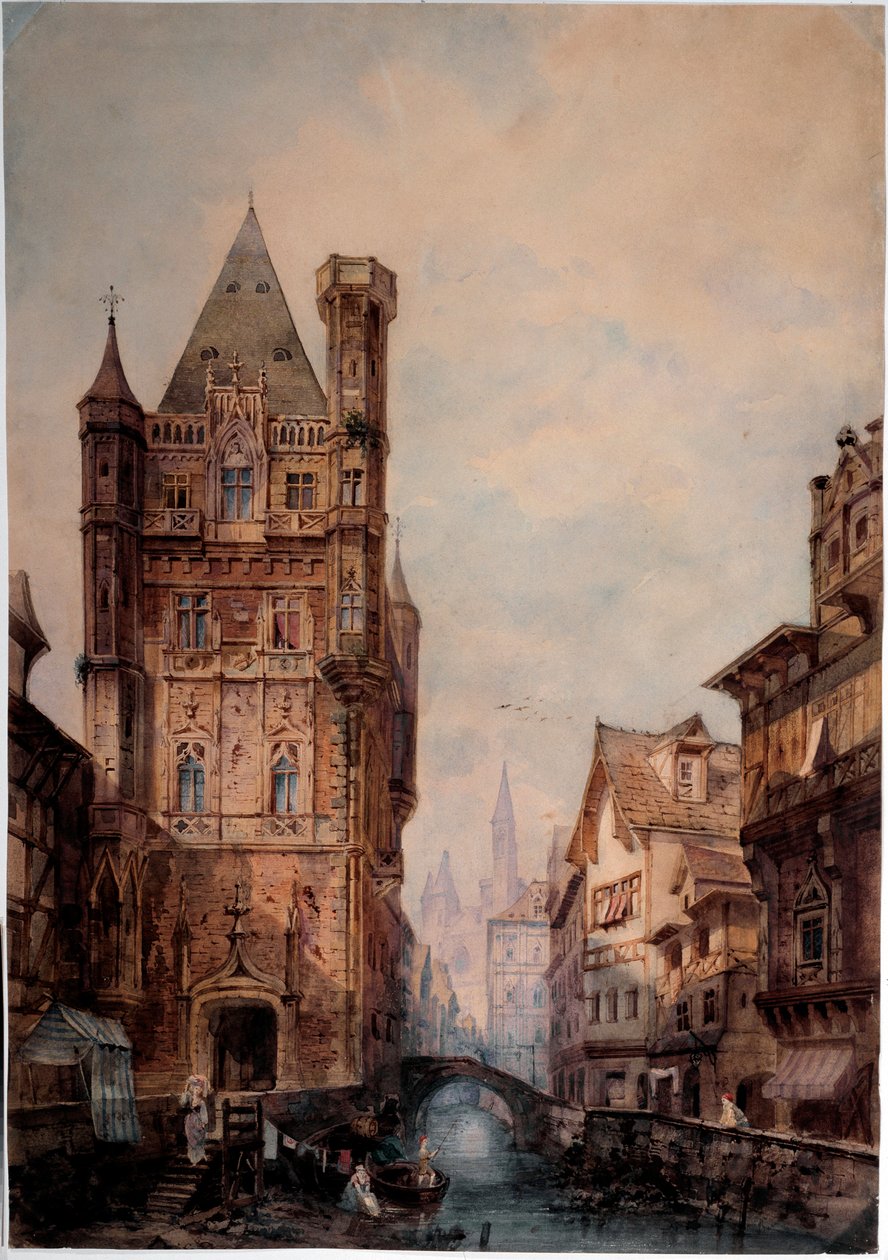 Utsikt over en kanal i en normansk by Akvarell av Antonio Bernasconi (1800-tallet) Dim 85x75 cm Genes, Galleria d