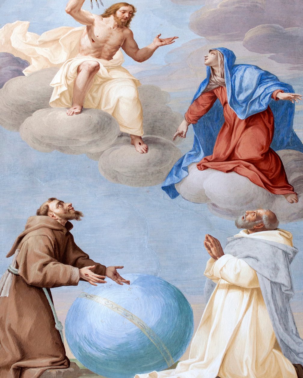 Saint Francis, Saint Damian og Mary går i forbønn for menneskeheten og overbeviser guddommelig rettferdighet om ikke å skyte pilene sine mot verden, freske av Antonio Busca (1625-1684), 20. kapell, Saint Francis kanonisert av pave Gregor IX, av Antonio Busca