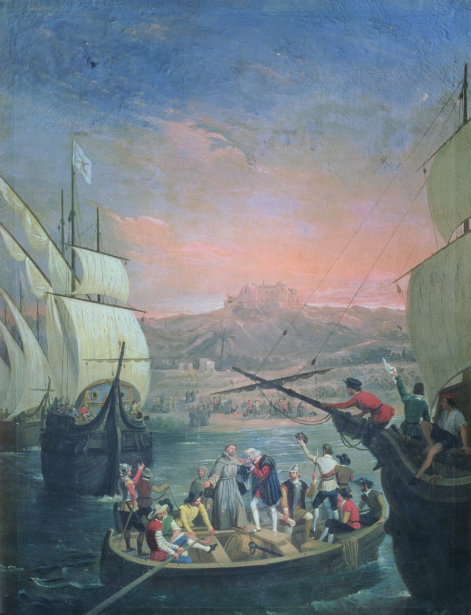Avgang av Santa Maria, Pinta og Nina fra Palos i 1492 (olje på lerret) av Antonio Cabral Bejarano