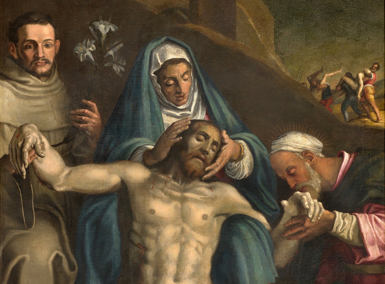 North Transept, avsetningens alter, Kristi avsetning støttet av jomfruen og de hellige Raymond og Anthony av Padua, Antonio Campi 1566, detaljaltertavle av Antonio Campi