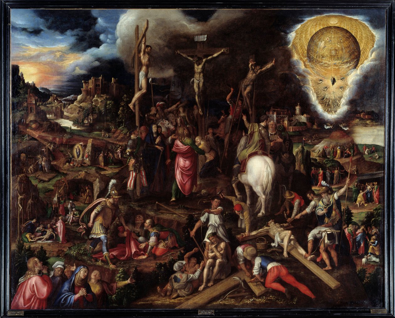 Scener av lidenskap: bønn i oliventrærnes hage, svik mot Judas, arrestasjon av Kristus, hånet Kristus, stiger opp til Golgata (Korsveien), korsfestelse, oppstandelse... Maleri av Antonio Campi (1526-1587) Ec. Ital av Antonio Campi