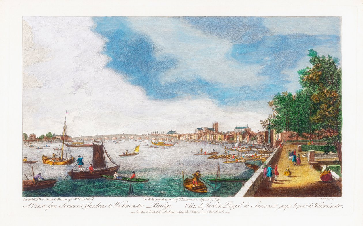 En utsikt fra Somerset Gardens til Westminster Bridge, gravert av John Miller, 1750 av Giovanni Antonio Canal