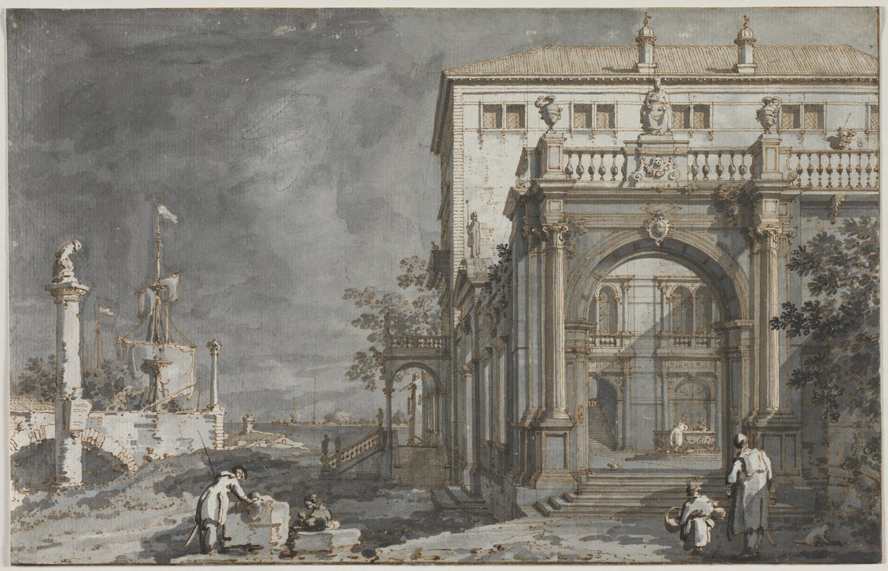 Capriccio: Et palass med en gårdsplass ved lagunen, ca. 1750-1755. av Giovanni Antonio Canal