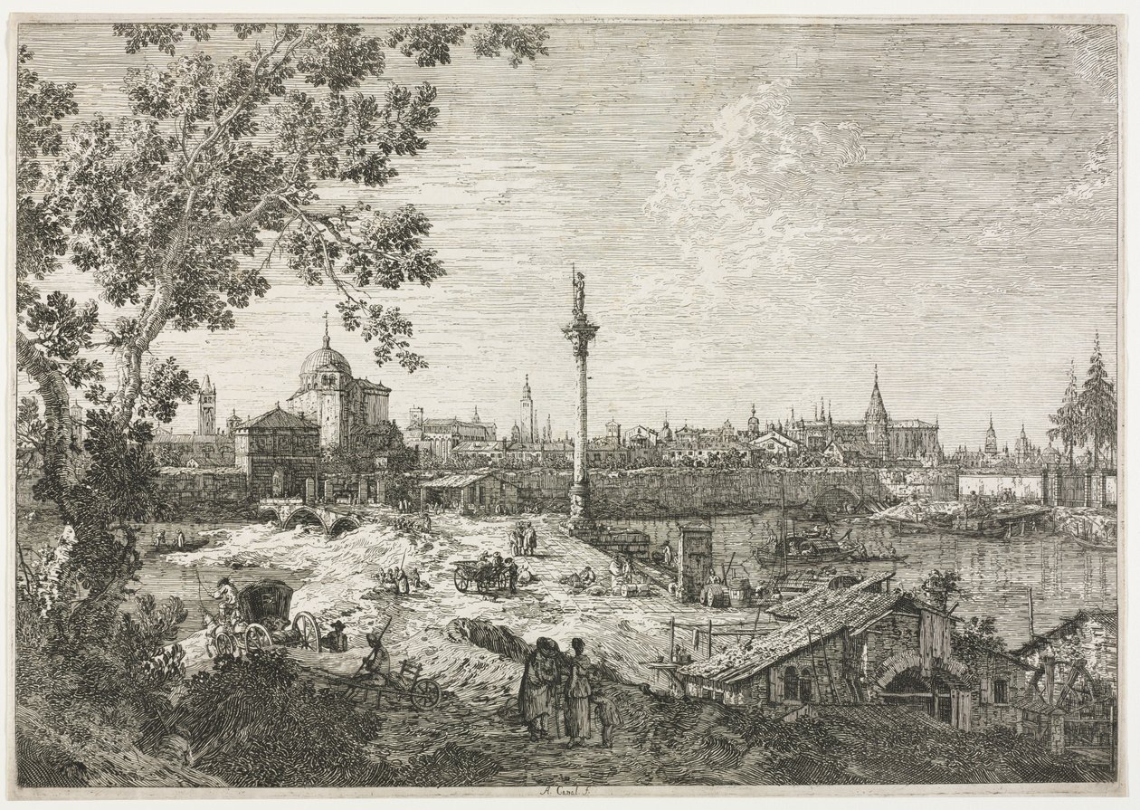 Panorama av en by ved en elv av Antonio Canaletto
