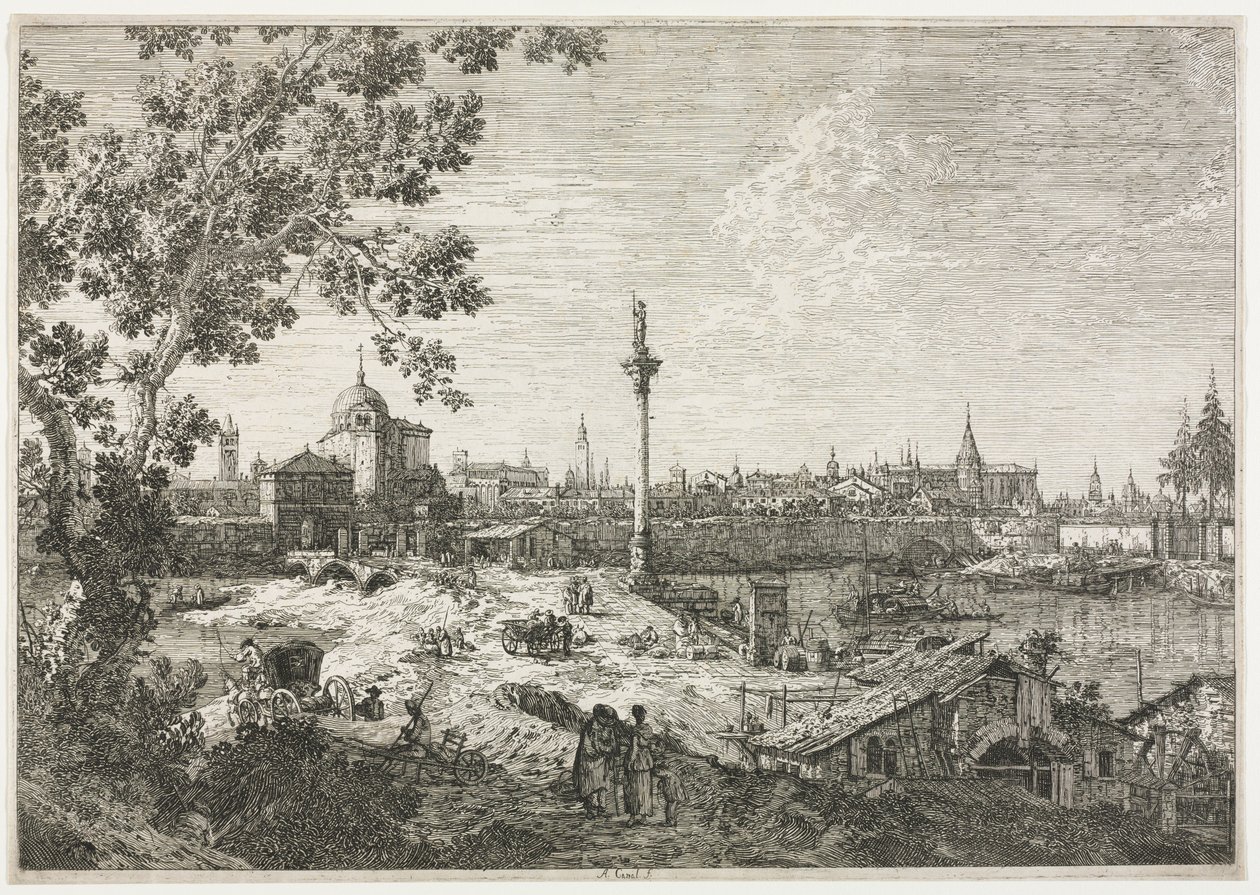 Panorama av en by ved en elv. av Giovanni Antonio Canal