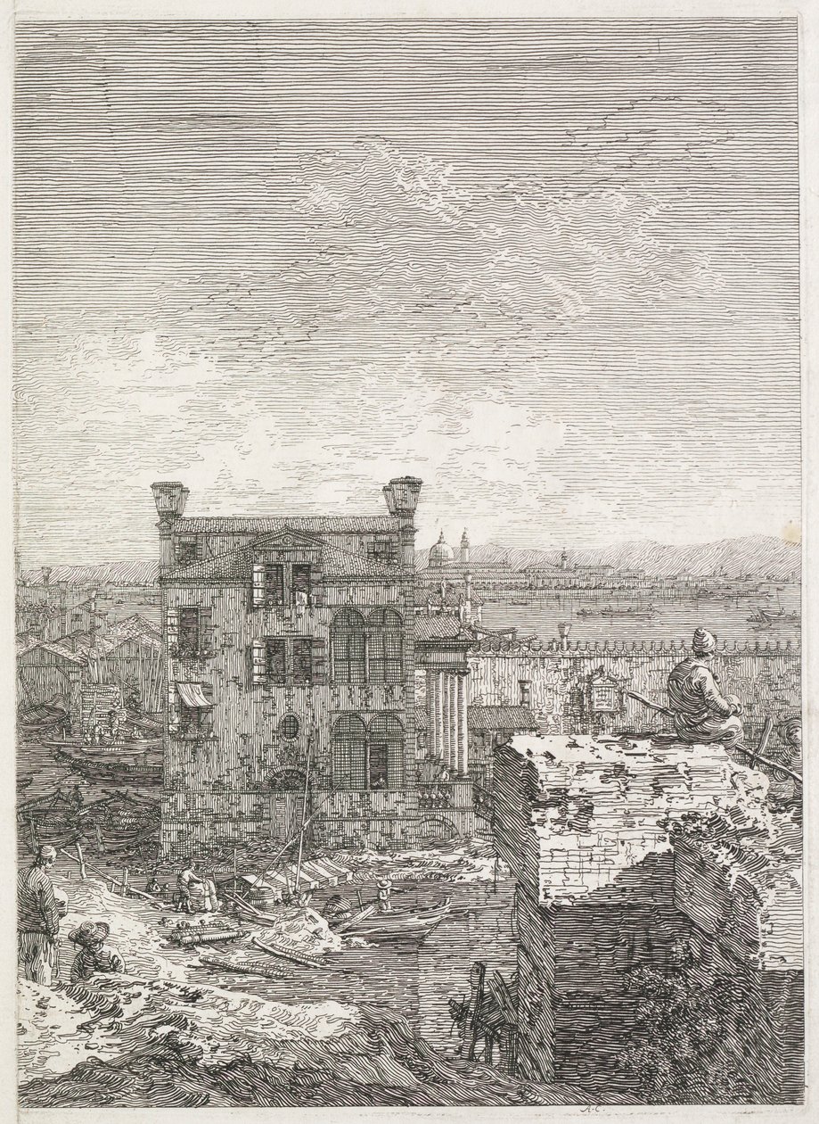 Utsikt: Et hus omgitt av seks søyler, 1735-1746. av Giovanni Antonio Canal