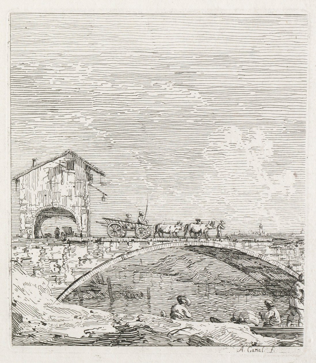 Visninger: En vogn som passerer over en bro, 1735-1746. av Giovanni Antonio Canal