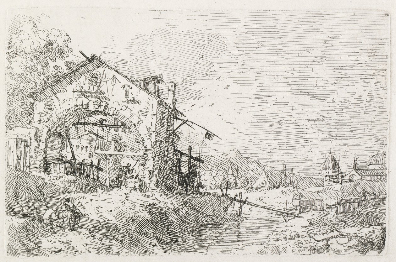 Visninger: En kvinne som tegner vann under en bue av Antonio Canaletto