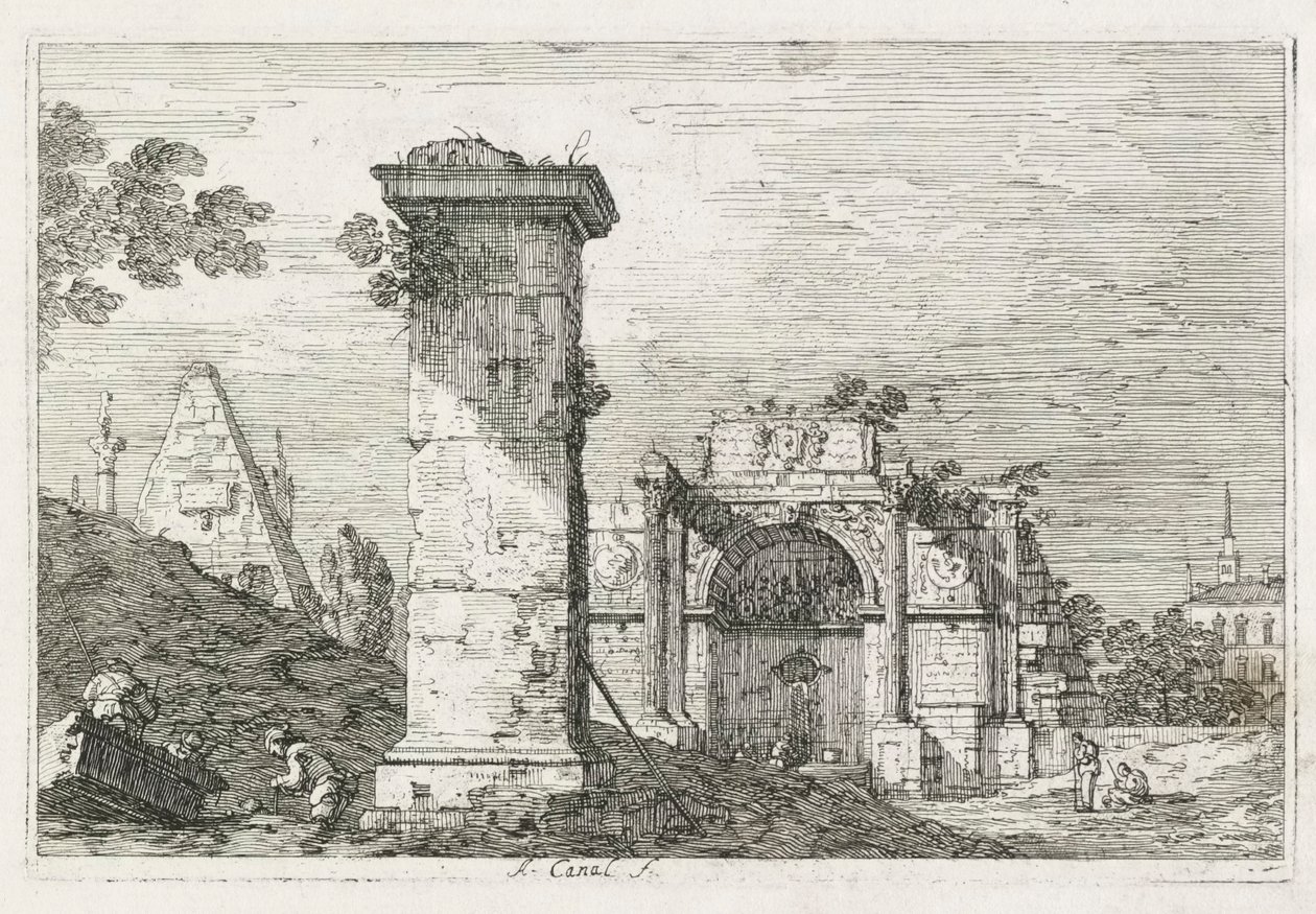 Visninger: Den isolerte søylen, 1735-1746. av Giovanni Antonio Canal