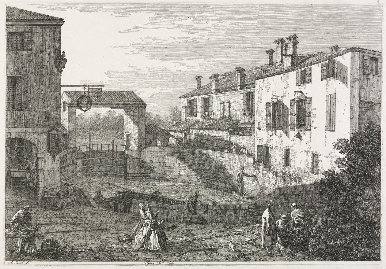 Utsikt: Kanalslusen ved Dolo av Antonio Canaletto