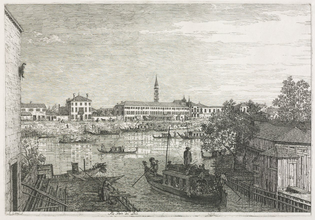 Utsikt: Havnen i Dolo, 1735-1746. av Giovanni Antonio Canal