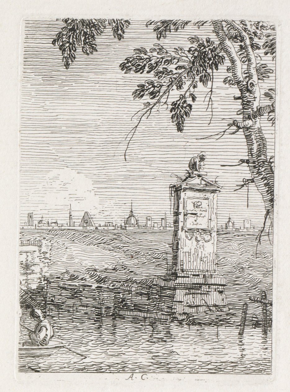 Visninger: Det lille monumentet under et tre av Antonio Canaletto