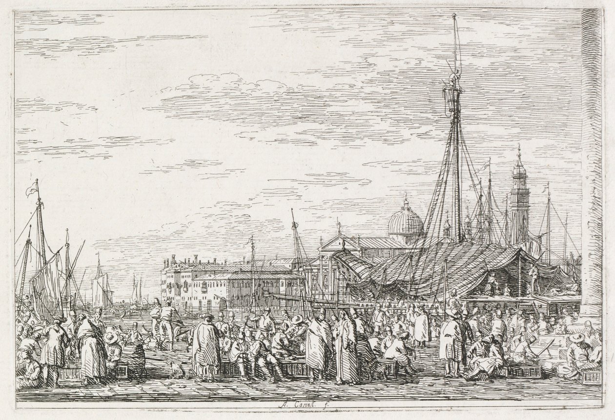 Visninger: Markedet på Molo, 1735-1746. av Giovanni Antonio Canal