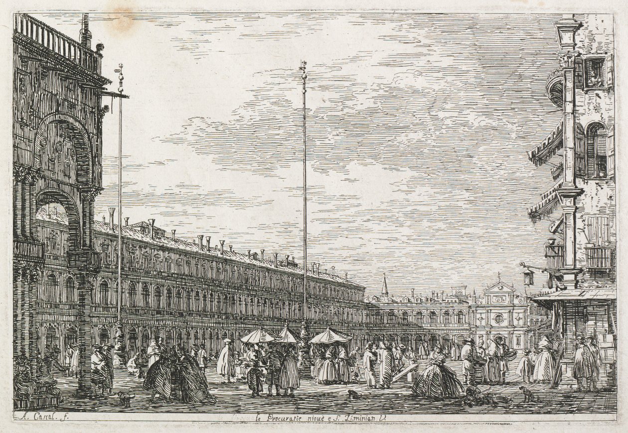 Utsikt: Prokuratorpalasset og kirken St. Géminien, Venezia av Antonio Canaletto