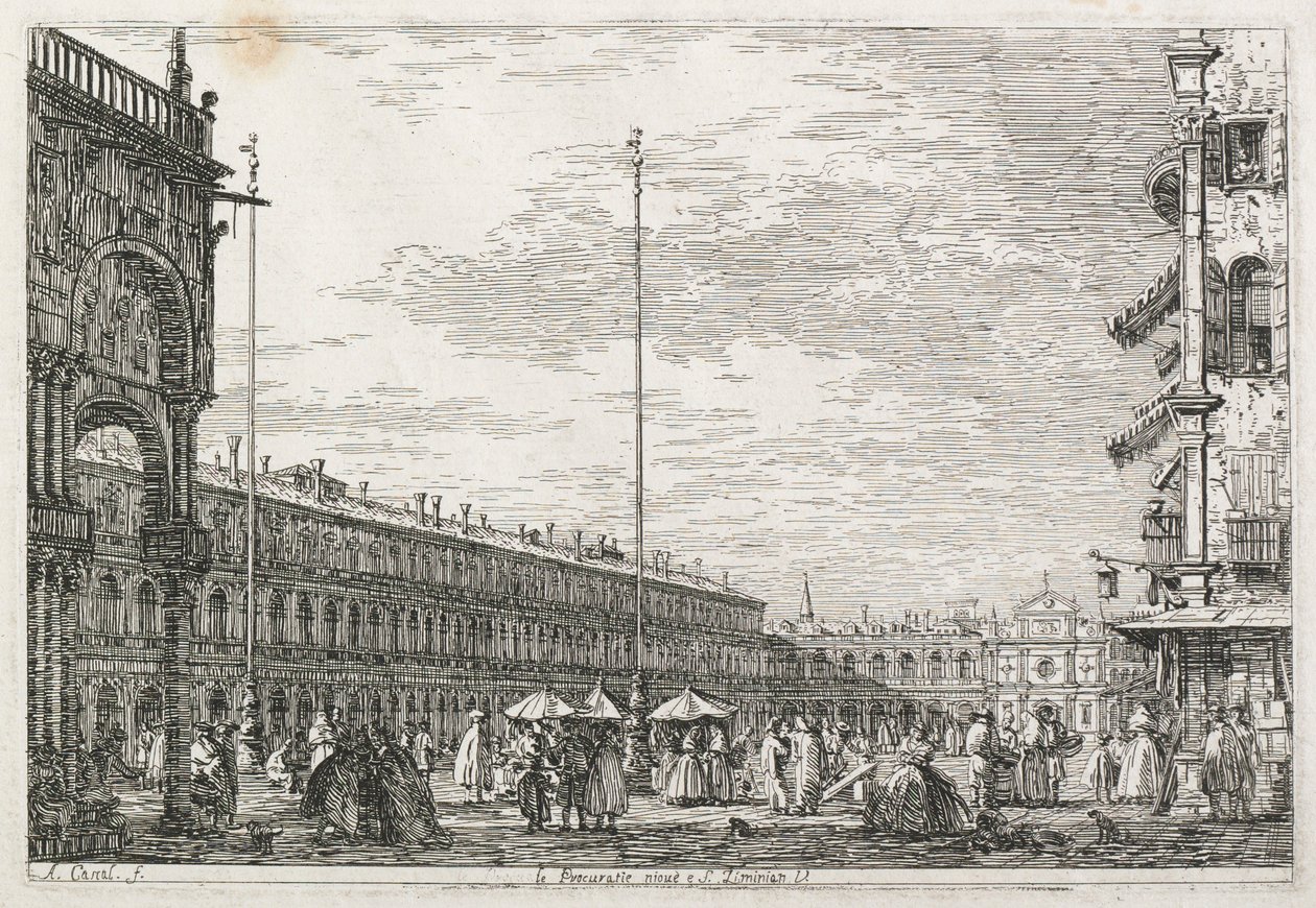 Utsikt: Prokuratorpalasset og kirken St. Géminien, Venezia, 1735-1746. av Giovanni Antonio Canal