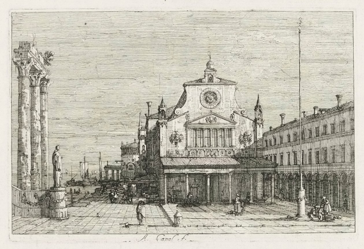 Utsikt: Tre søyler og en statue på havkysten av Antonio Canaletto