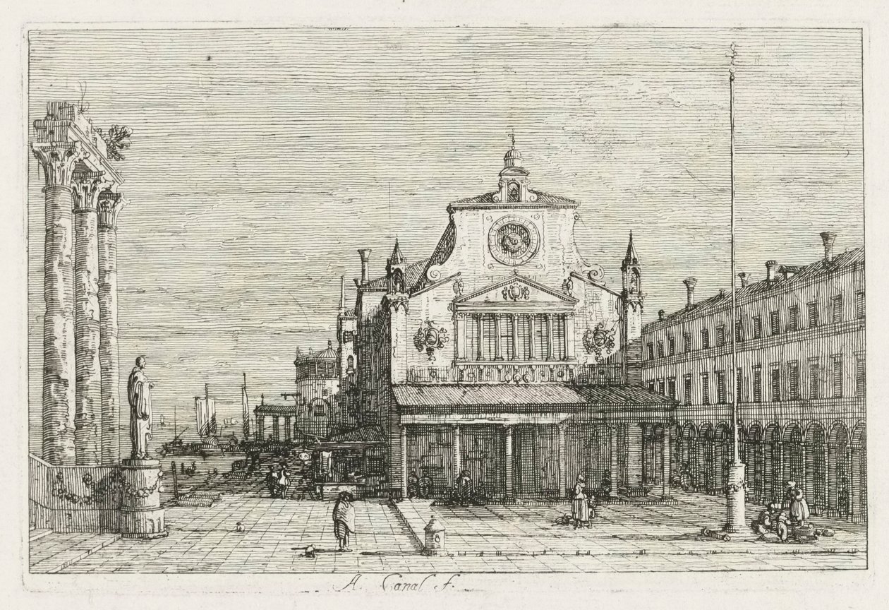 Visninger: Tre søyler og en statue på havkysten, 1735-1746. av Giovanni Antonio Canal
