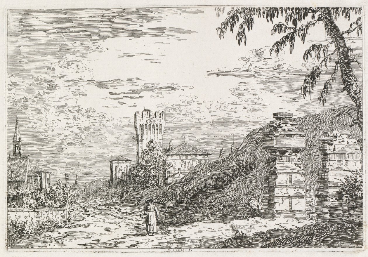 Visninger: To ødelagte søyler, 1735-1746. av Giovanni Antonio Canal