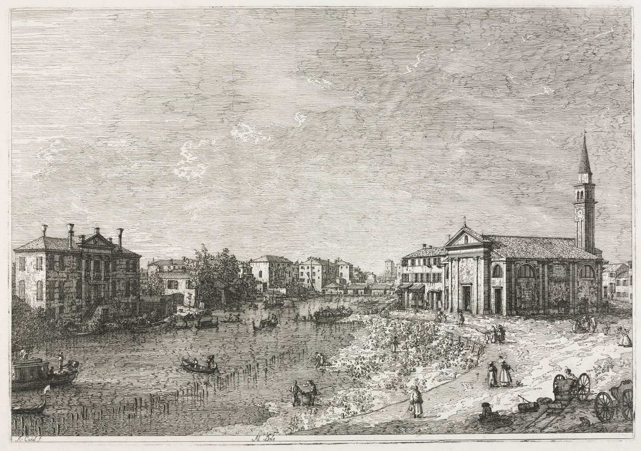 Utsikt: Utsikt over Dolo, en by ved Brenta, vest for Venezia av Antonio Canaletto