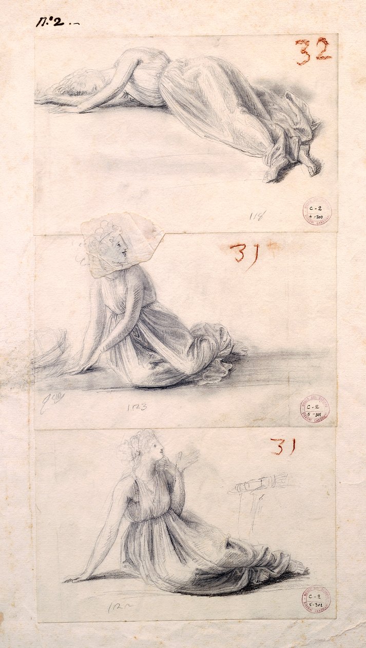 Kvinnefigur i tre forskjellige stillinger av Antonio Canova (1757-1822), tegning av Antonio Canova