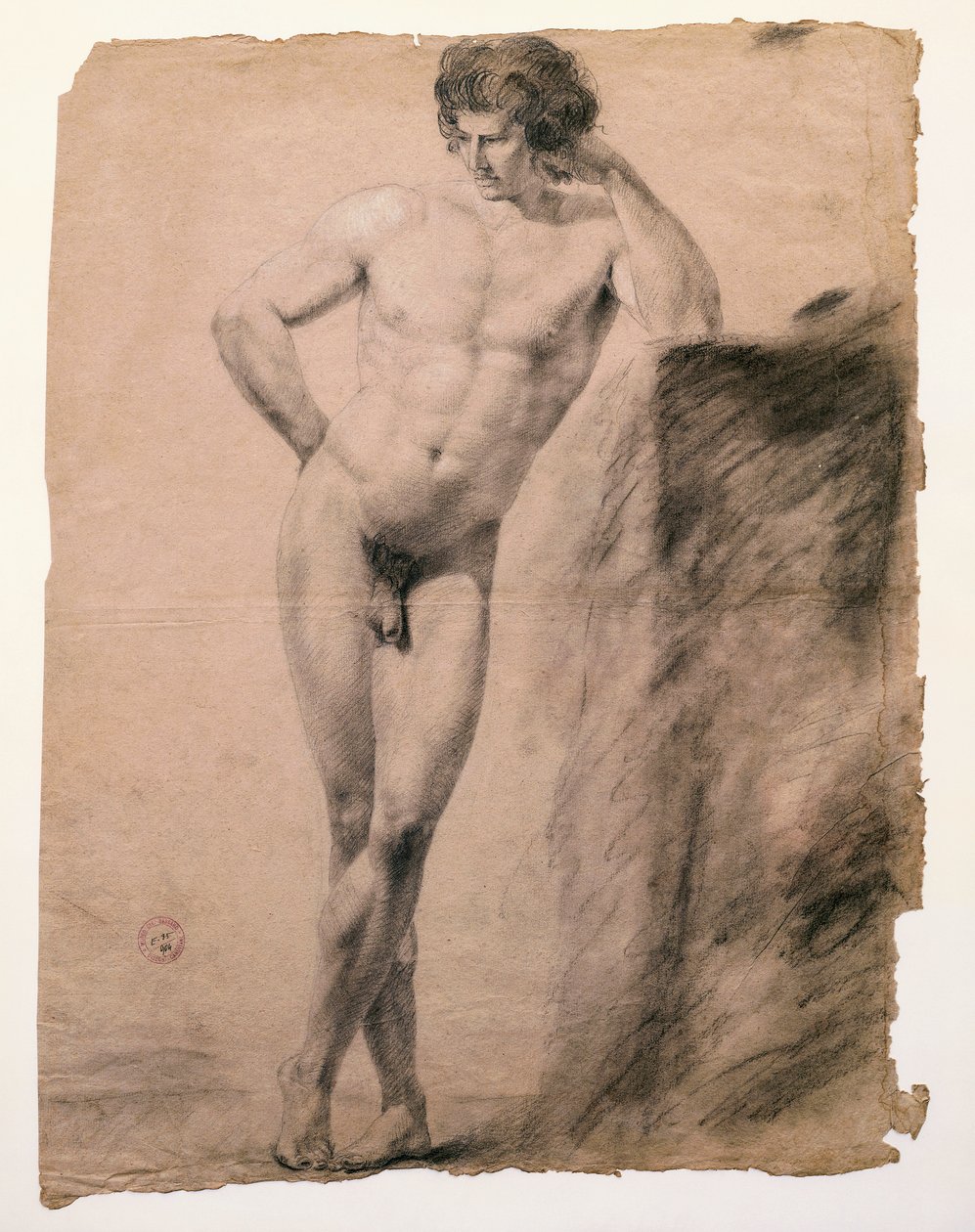 Studie av naken mann lener seg på sokkel av Antonio Canova (1757-1822), tegning av Antonio Canova