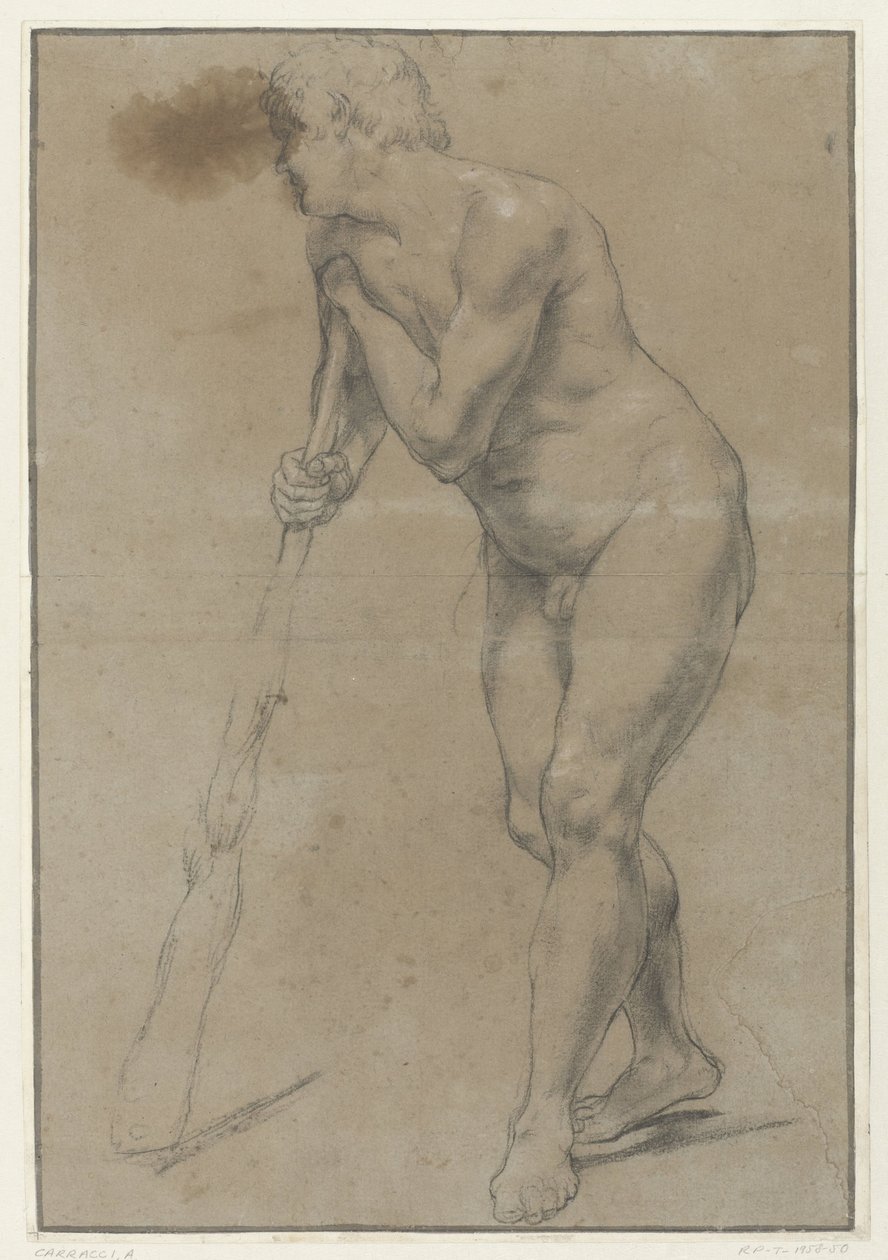 Studie av en naken mann som lener seg på en kølle av Antonio Carracci