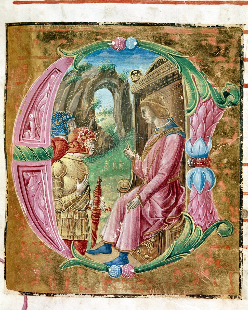 Herode I den store (73-4 f.Kr.) beordret massakren på uskyldig Lettrine opplyst av Antonio Cicognari. Detalj av et antifonarium. 1483. Cremone, kor 4, capitolo del duomo av Antonio Cicognara