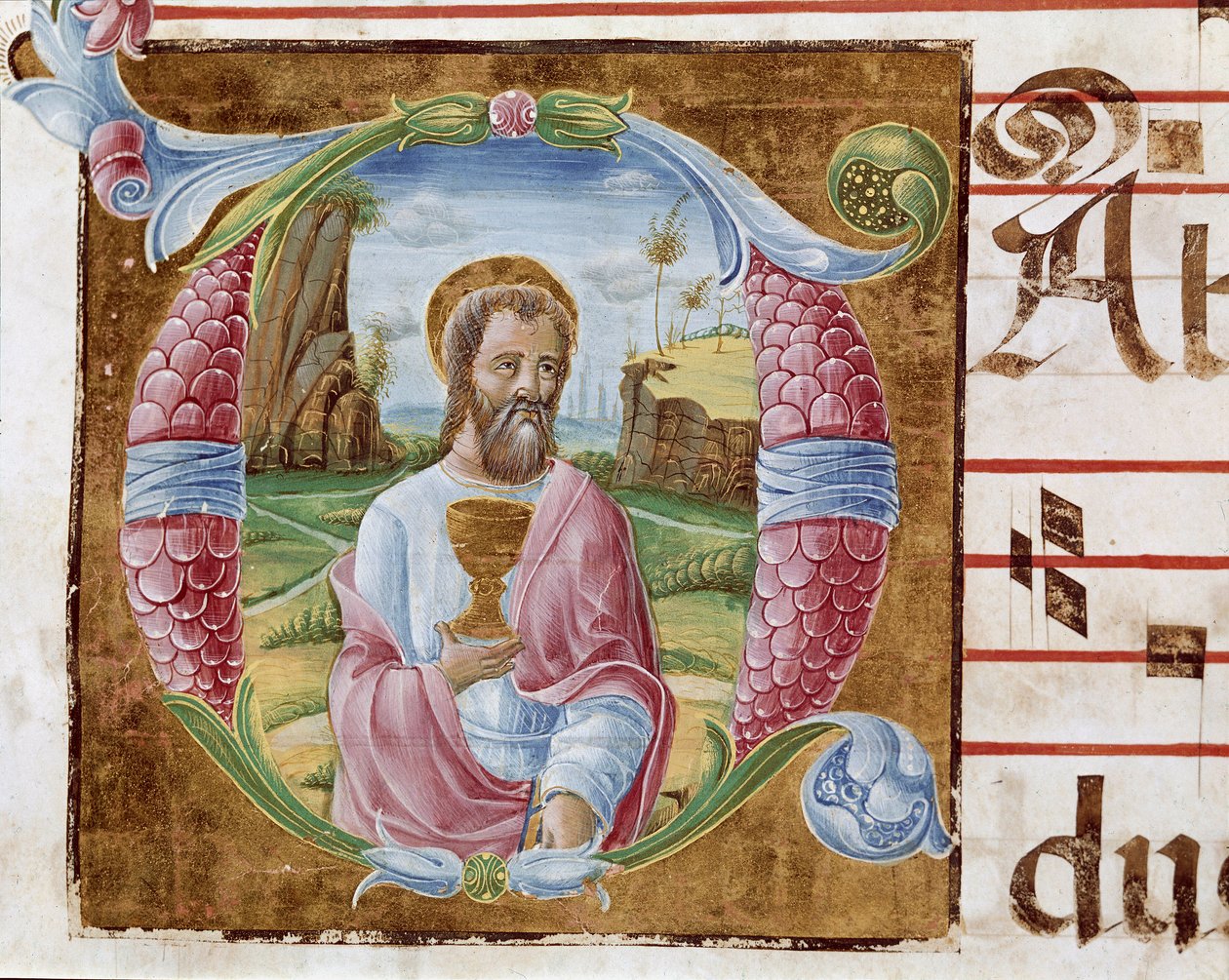 Evangelisten Johannes Lettrine opplyst av Antonio Cicognari. Detalj av et antifonarium. 1483. Cremone, kor 4, capitolo del duomo av Antonio Cicognara