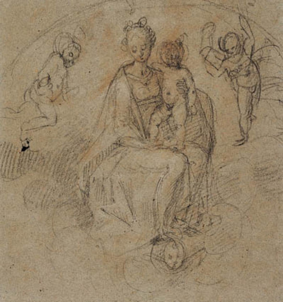 Madonna og Child i skyene flankert av to putti av Antonio Cimatori