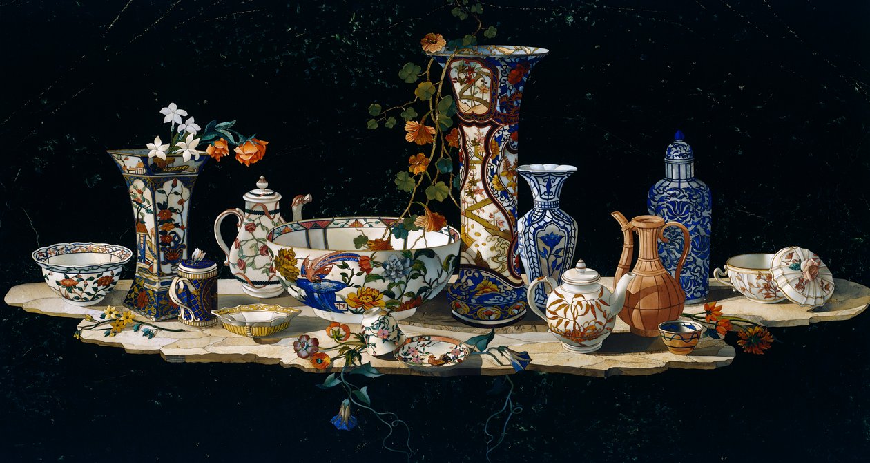 Bordplate med porselensvaser, ca 1797, halvedelsteinmosaikk på marmor, laget i storhertugelige verksteder i Firenze etter modell av Antonio Cioci (aktiv i andre halvdel av 1700-tallet), Italia, italiensk kultur av Antonio Cioci or Ciocchi