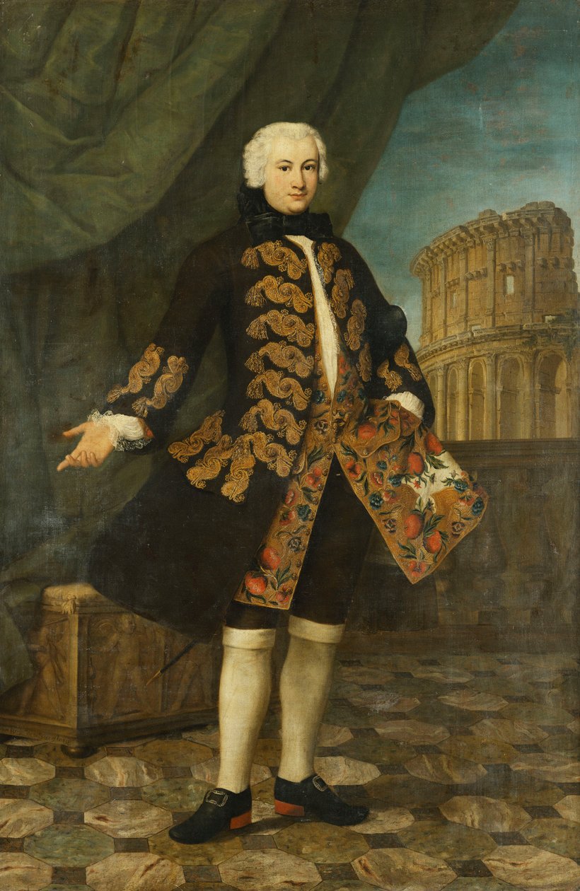 Portrett av William Perry, 21 år, stående, i full lengde, i en gullbrodert brun frakk, ved en balustrade, med Colosseum bortenfor, av Antonio David
