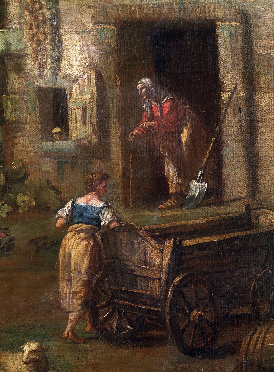 ""Landskap i Italia"" (italiensk landskap) Et gårdshus på den italienske landsbygda, detalj som representerer en gammel bondekvinne. Maleri av Antonio Diziani (1737-1797) Mikalojus Konstantinas Ciurlionis Fine Arts Museum fra 1700-tallet, Kaunas, Litauen av Antonio Diziani