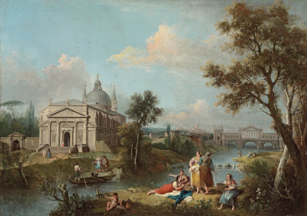 Italiensk elvelandskap (olje på lerret) av Antonio & F. Zuccarelli (1702 88) Visentini