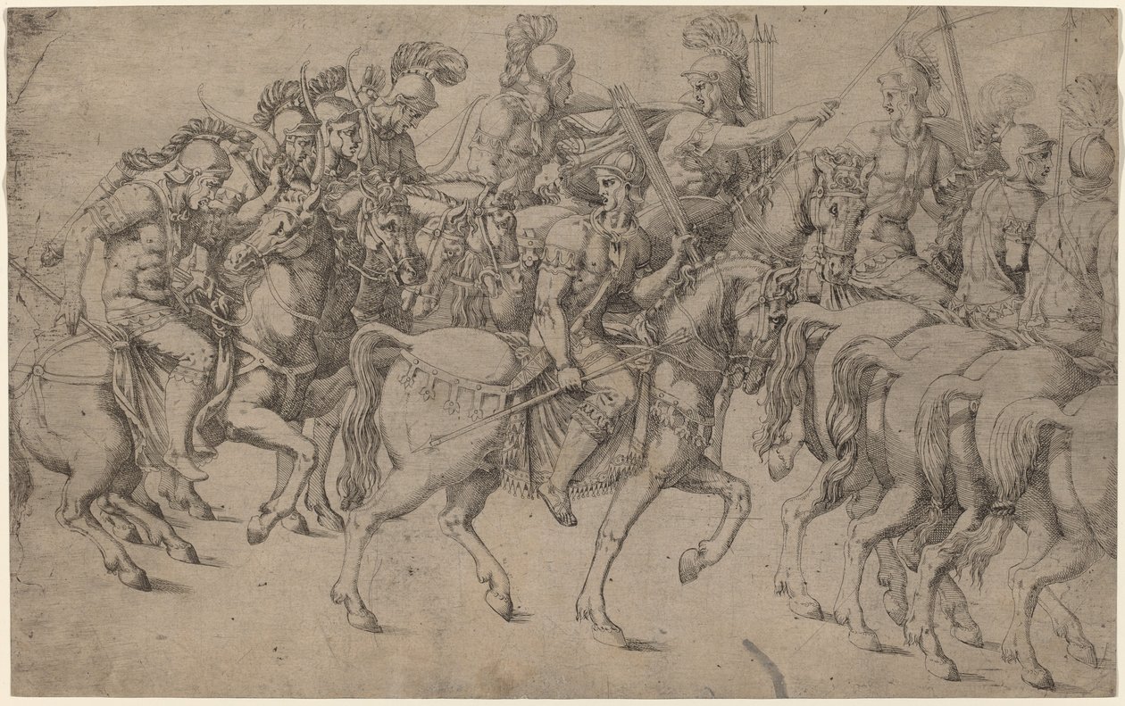 Ryttere som bærer buer og spyd av Antonio Fantuzzi after Giulio Romano