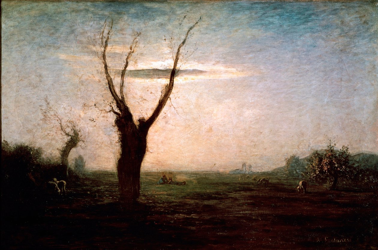 April Landskap på senvinteren med et tre fortsatt uten blader. Maleri av Antonio Fontanesi (1812-1882) av Antonio Fontanesi