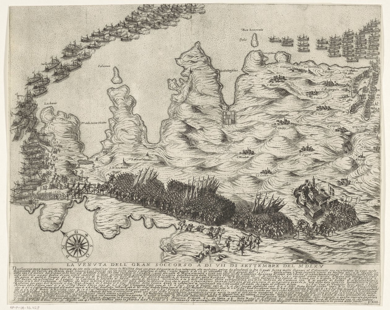 Ankomst av hjelpetroppene til Malta La veduta della gran soccorso a di VII di settembre del MDLXV (tittel på objekt) The Siege of Malta (serietittel) av Antonio Francesco Lucini